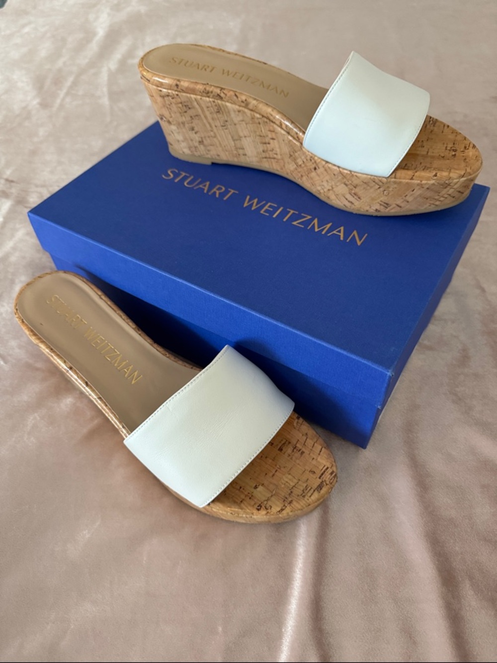 Stuart Weitzman White Leather Cork Slide Mules